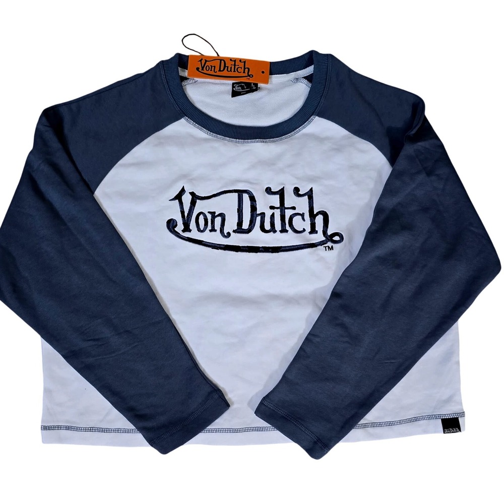 Von Dutch Raglan Long Sleeve Cropped Top White Blue Leopard Logo NWT 2XL